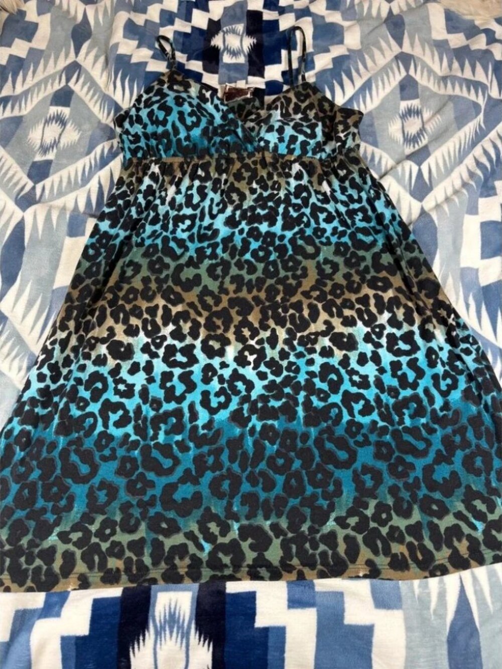 Pink Rose Womens Teal Leopard Print Empire Waist Babydoll Dress Large 6748